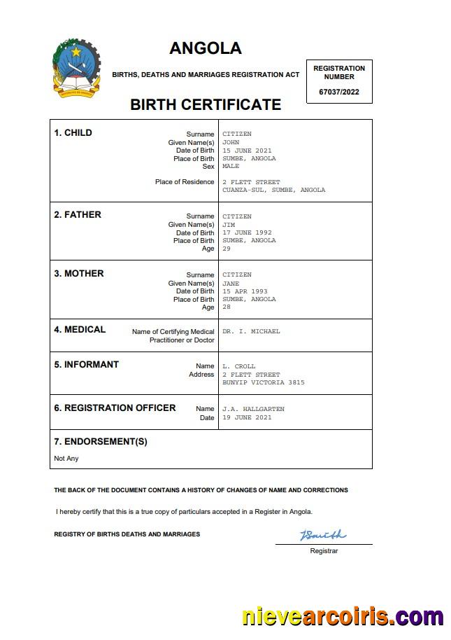 Angola vital record birth certificate